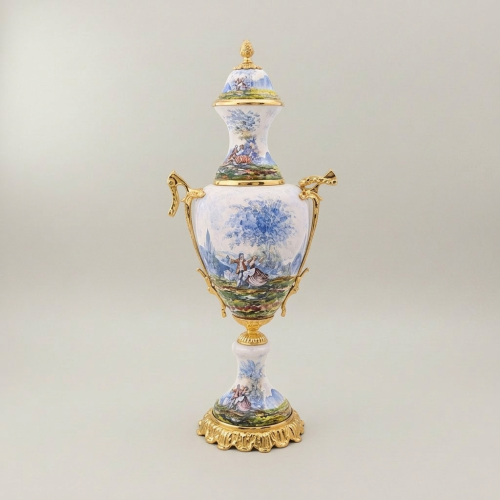 Rococo Sèvres-Style Hand-Painted Ceramic 3-Piece Vase and Centrepiece Set with Brass Mounts Pastoral Motif Gold Front | Brass & Wood