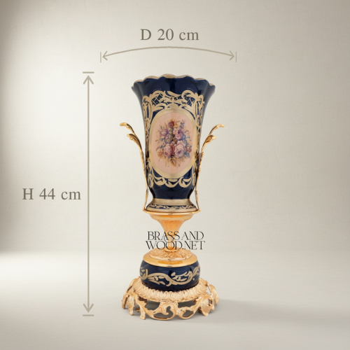 Rococo Sèvres-Style Navy Blue Ceramic Urn Vase with Floral Cartouche & Pierced Gilt Base