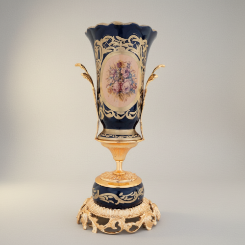 Rococo Sèvres-Style Navy Blue Ceramic Urn Vase with Floral Cartouche & Pierced Gilt Base