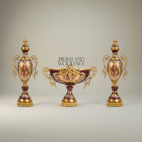 Rococo Sèvres-Style Three-Piece Ceramic Brass Garniture Set Burgundy Floral Medallion Brass and Wood Gold Front | Brass & Wood