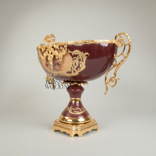 Rococo Sèvres-Style Three-Piece Ceramic Brass Garniture Set Burgundy Floral Medallion Brass and Wood Gold Front | Brass & Wood