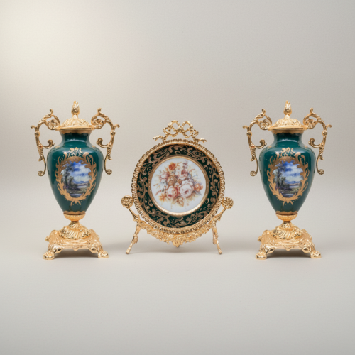Rococo Sèvres-Style 3-Piece Garniture Set Green Porcelain Gilt Brass Floral Medallion Urns Display Plate — Brass and Wood Gold Front | Brass & Wood