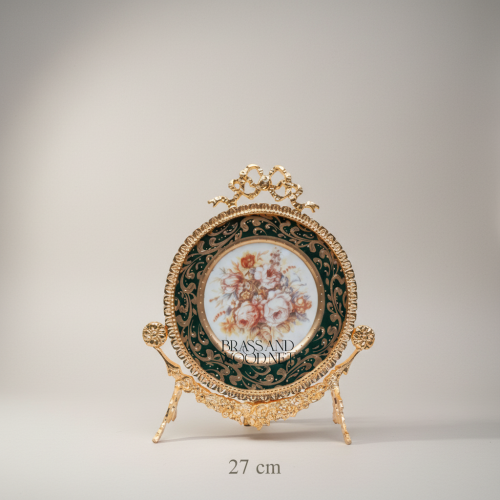 Rococo Sèvres-Style 3-Piece Garniture Set Green Porcelain Gilt Brass Floral Medallion Urns Display Plate — Brass and Wood Gold Front | Brass & Wood