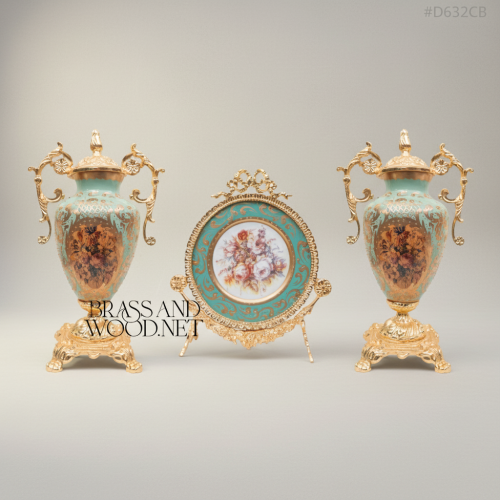 Rococo Sèvres-Inspired Turquoise Ceramic & Brass Urn Vase and Display Plate 3-Piece Set