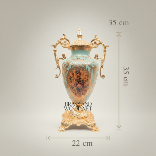 Rococo Sèvres-Inspired Turquoise Ceramic & Brass Urn Vase and Display Plate 3-Piece Set