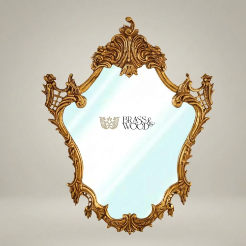Rococo Shield-Form Heavily Ornate Wall Mirror Acanthus Crown Rose Cartouche Frame Gilded Gold Front | Brass & Wood