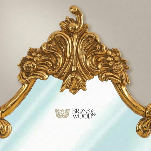Rococo Shield-Form Heavily Ornate Wall Mirror Acanthus Crown Rose Cartouche Frame Gilded Gold Front | Brass & Wood