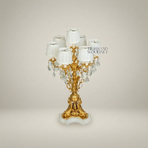 Rococo Six-Arm Brass Candelabra Table Lamp with Crystal Drops & Alabaster Base