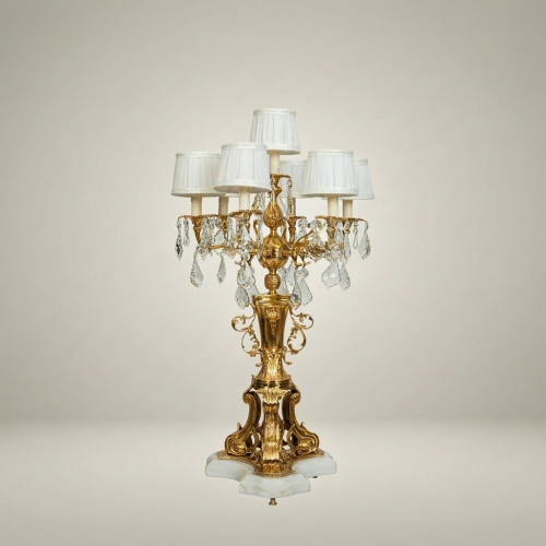 Rococo Six-Arm Brass Candelabra Table Lamp with Crystal Drops & Alabaster Base