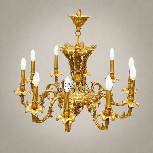 Rococo Solid Brass 8-Arm Acanthus Scroll Candelabra Chandelier Brass and Wood Gold Front | Brass & Wood