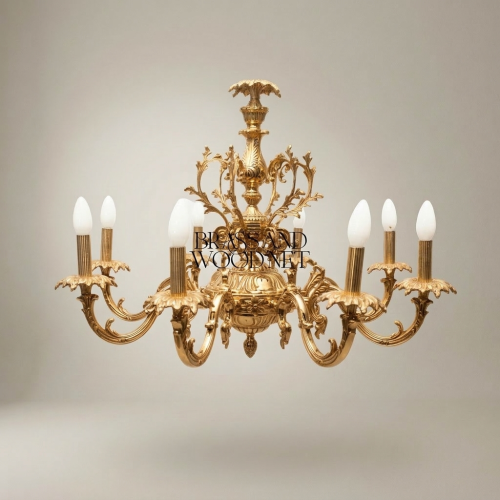 Rococo Solid Brass 8-Arm Chandelier with Acanthus Scroll Canopy