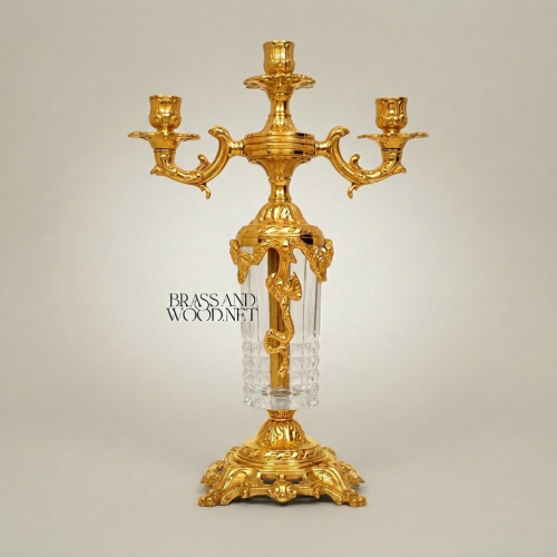 Rococo Three-Arm Brass and Crystal Candelabra Ornate Acanthus Scrollwork Base Gold Front | Brass & Wood