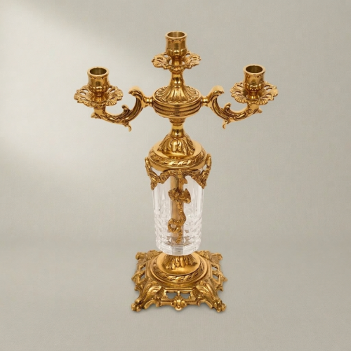 Rococo Three-Arm Brass and Crystal Candelabra Ornate Acanthus Scrollwork Base Gold Front | Brass & Wood