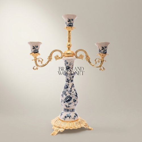 Rococo Three-Arm Candelabra with Blue Floral Porcelain Body & Acanthus Brass Base