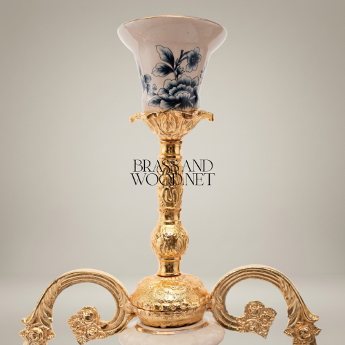 Rococo Three-Arm Candelabra with Blue Floral Porcelain Body & Acanthus Brass Base