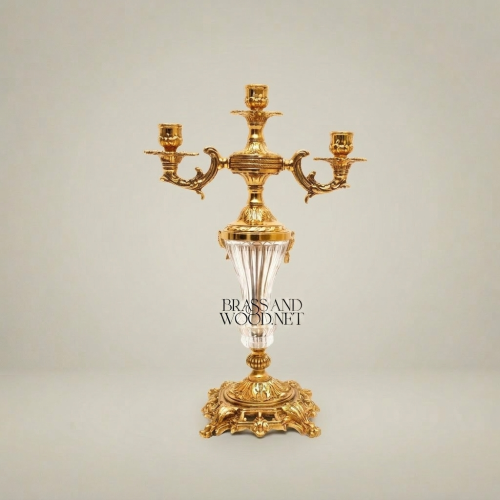 Rococo Three-Arm Brass Candelabra Crystal Column Ornate Base Brass and Wood Gold Front | Brass & Wood