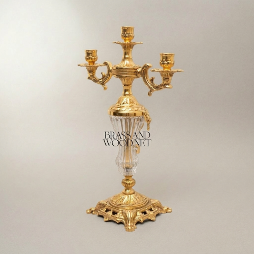 Rococo Three-Arm Brass Candelabra Crystal Column Ornate Base Brass and Wood Gold Front | Brass & Wood