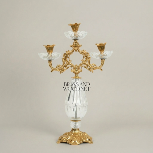 Rococo Three-Arm Candelabra with Cut Crystal Column & Acanthus Brass Crown