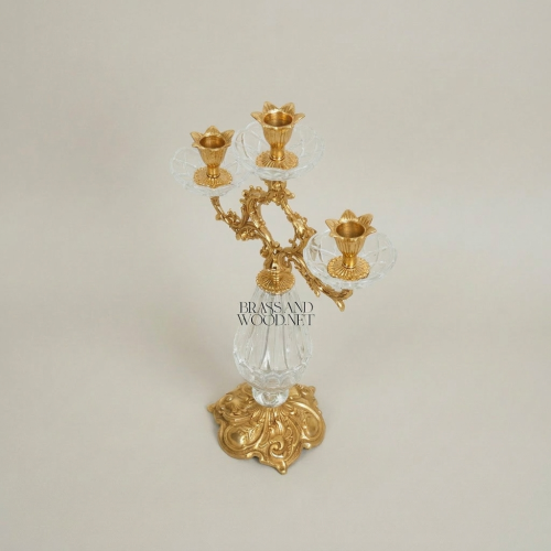 Rococo Three-Arm Candelabra with Cut Crystal Column & Acanthus Brass Crown