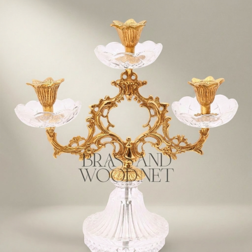 Rococo Three-Arm Crystal and Brass Candelabra Ornate Scrolled Foliate Crown Brass and Wood Gold Front | Brass & Wood