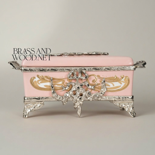 Rococo Ornate Tissue Box Holder Pink Resin Cast Metal Acanthus Scrollwork Cartouche Cabriole Feet Brass and Wood silver Front | Brass & Wood