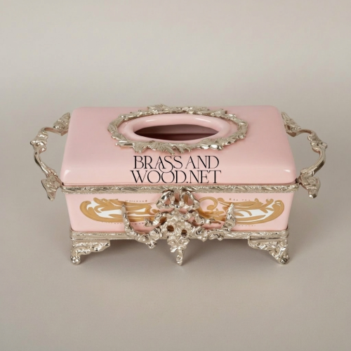 Rococo Ornate Tissue Box Holder Pink Resin Cast Metal Acanthus Scrollwork Cartouche Cabriole Feet Brass and Wood silver Front | Brass & Wood