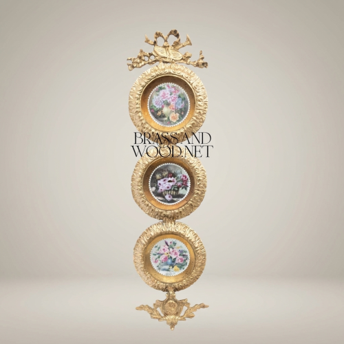 Rococo Triple Circular Brass Wall Frame with Floral Porcelain Medallions & Ribbon Crest