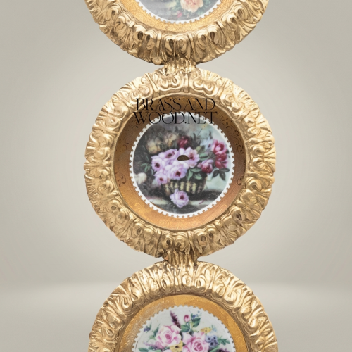 Rococo Triple Circular Brass Wall Frame with Floral Porcelain Medallions & Ribbon Crest