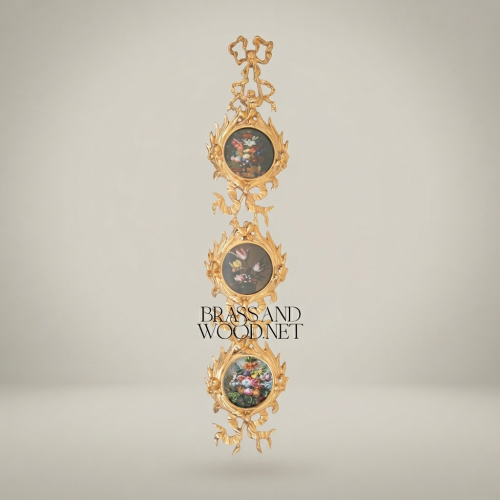 Rococo Triple-Medallion Brass Wall Hanging with Hand-Painted Floral Panels Brass and Wood Gold Front | Brass & Wood
