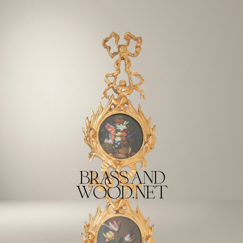 Rococo Triple-Medallion Brass Wall Hanging with Hand-Painted Floral Panels Brass and Wood Gold Front | Brass & Wood