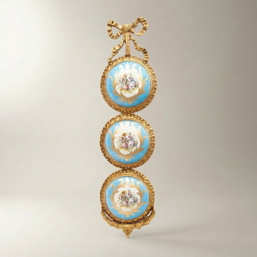 Rococo Triple Porcelain Medallion Brass Wall Plaque Ribbon Crown Floral Cartouche Brass and Wood Gold Front | Brass & Wood