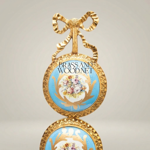 Rococo Triple Porcelain Medallion Brass Wall Plaque Ribbon Crown Floral Cartouche Brass and Wood Gold Front | Brass & Wood