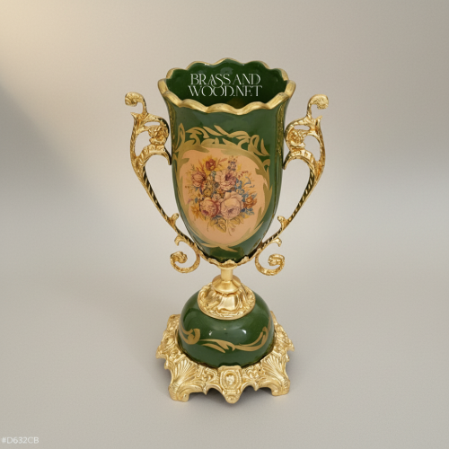Rococo Trophy Cup Vase Forest Green Ceramic Floral Medallion Ornate Gilt Brass Handles Brass and Wood Gold Front | Brass & Wood
