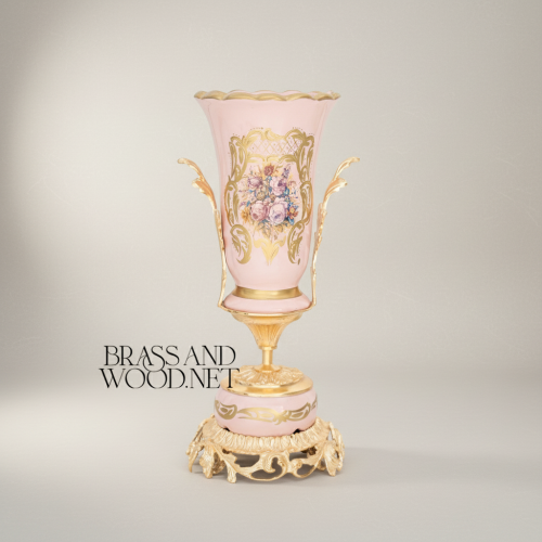 Rococo Trumpet Vase in Blush Pink Ceramic with Hand-Painted Floral Bouquet & Ornate Metal Base