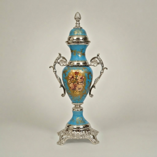 Rococo Turquoise Ceramic Lidded Urn Vase Hand-Painted Floral Medallion Brass Mounts Brass and Wood Gold Front | Brass & Wood