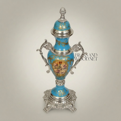 Rococo Turquoise Ceramic Lidded Urn Vase Hand-Painted Floral Medallion Brass Mounts Brass and Wood Gold Front | Brass & Wood