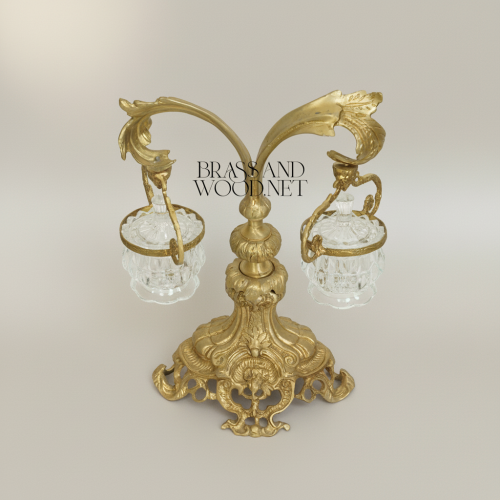 Rococo Twin-Arm Brass Bonbonnière Stand with Crystal Bowls