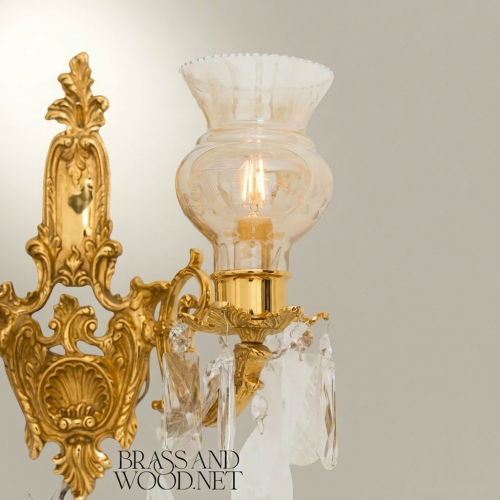Rococo Twin-Arm Brass Wall Sconce Crystal Drops Etched Glass Shades Brass and Wood Gold Front | Brass & Wood