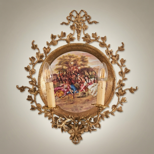 Rococo Twin-Arm Brass Wall Sconce Hand-Painted Porcelain Medallion Acanthus Leaf Frame Brass and Wood Antique Gold Front | Brass & Wood
