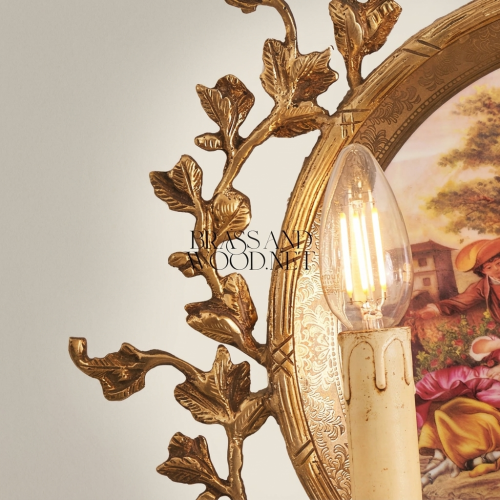 Rococo Twin-Arm Brass Wall Sconce Hand-Painted Porcelain Medallion Acanthus Leaf Frame Brass and Wood Antique Gold Front | Brass & Wood