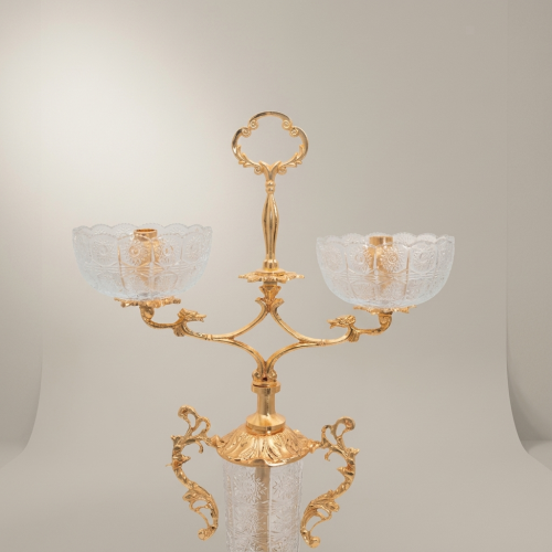 Rococo Two-Arm Candelabra with Etched Crystal Column and Scrollwork Brass Frame