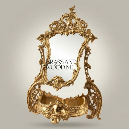Rococo Wall Mirror with Console Shelf — Heavily Carved Scrollwork Crown & Shell Basin