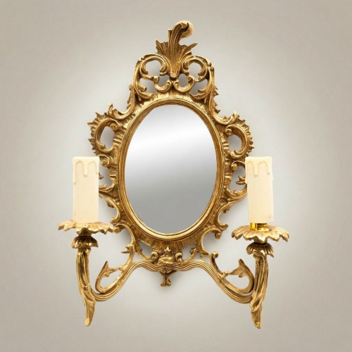 Rococo Oval Mirror Wall Sconce Twin Candle Arms Acanthus Carved Frame Brass and Wood Gold Front | Brass & Wood