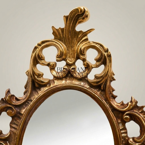 Rococo Oval Mirror Wall Sconce Twin Candle Arms Acanthus Carved Frame Brass and Wood Gold Front | Brass & Wood