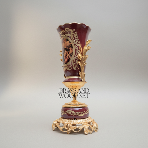 Rococo Hand-Painted Wine Ceramic Vase Gilt Brass Acanthus Mounts Scenic Cartouche Brass and Wood Gold Front | Brass & Wood