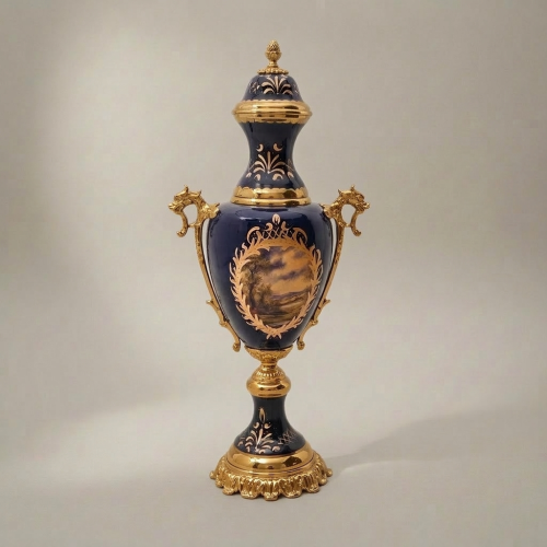 Sèvres-Style Cobalt Ceramic and Brass Three-Piece Garniture Set with Hand-Painted Landscape Medallions Gold Front | Brass & Wood