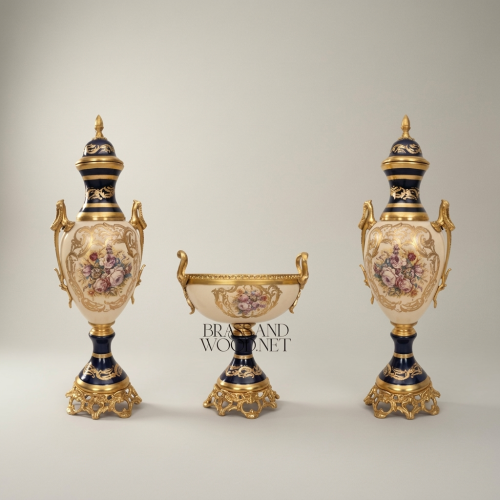 Sèvres-Style Ceramic & Brass Garniture Set — Cobalt & Ivory Floral Urns with Pedestal Bowl