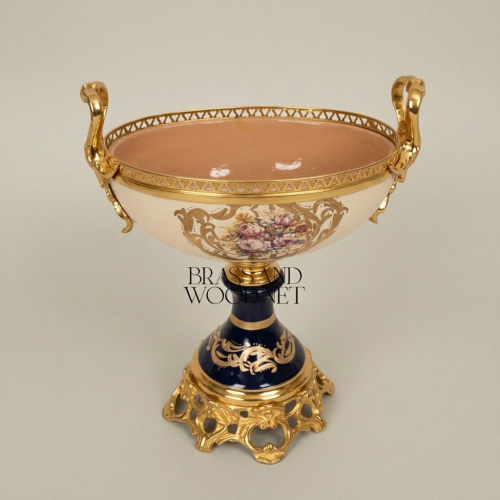 Sèvres-Style Ceramic & Brass Garniture Set — Cobalt & Ivory Floral Urns with Pedestal Bowl