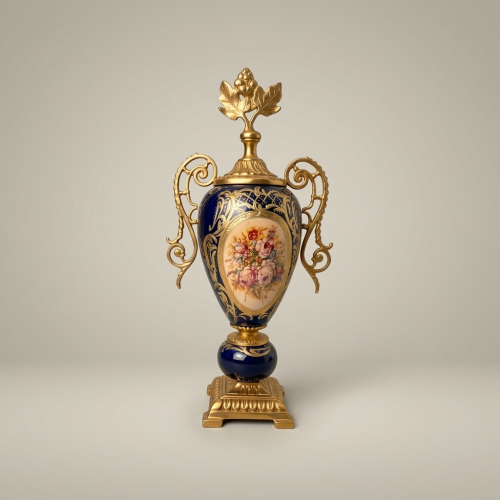Sèvres-Style Cobalt Ceramic Lidded Urn Vase with Brass Scrollwork Handles & Floral Medallion