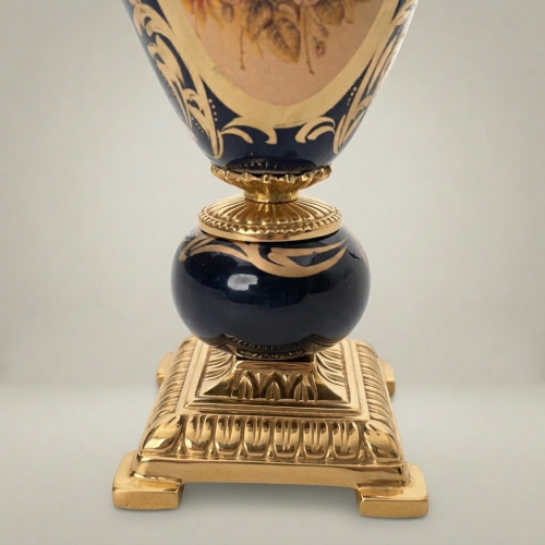 Sèvres-Style Cobalt Ceramic Lidded Urn Vase with Brass Scrollwork Handles & Floral Medallion